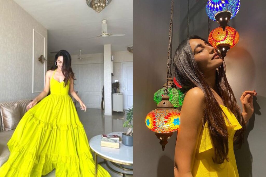 Qubool Hai actress Surbhi Jyoti gave a candid pose in a deep neckline yellow dress