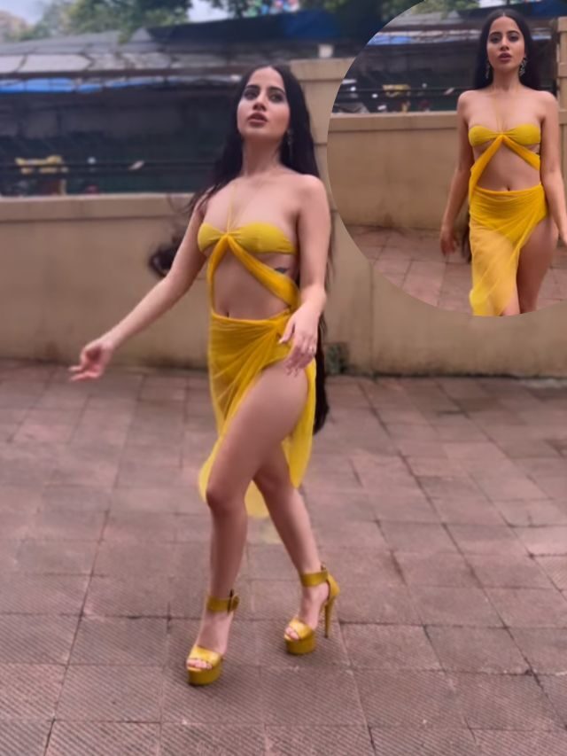 पीले दुपट्टे की कट-आउट ड्रेस में उर्फी जावेद ने किया कैट वाक