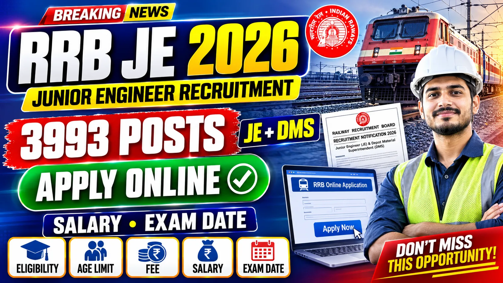RRB Junior Engineer Recruitment 2026 Apply Online for 3993 JE & DMS Posts, Eligibility, Age Limit, Fee, Salary and Exam Details